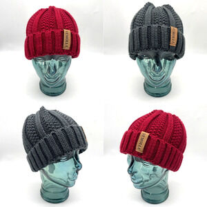Lot of 2 NEW Vemolla Gray and Red 100% Acrylic Chunk Knit Rolled Brim Beanies
